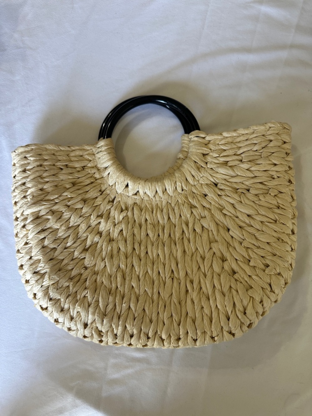 Natural Woven Straw Tote with Black Handles